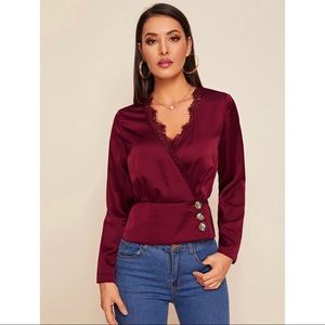 BURGUNDY LACE TRIM WRAP BLOUSE